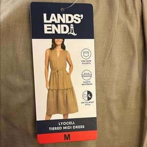 Lands' End Beige Sleeveless Midi Dress with Pockets and tie waist, Womens Size M
